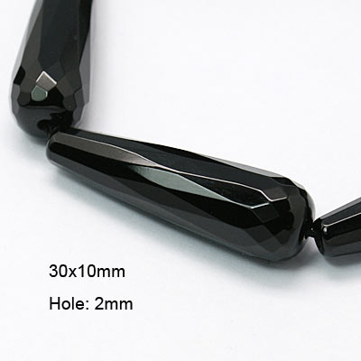 Onyx bead, black, long facetted teardrop, 30x10mm, 2pcs