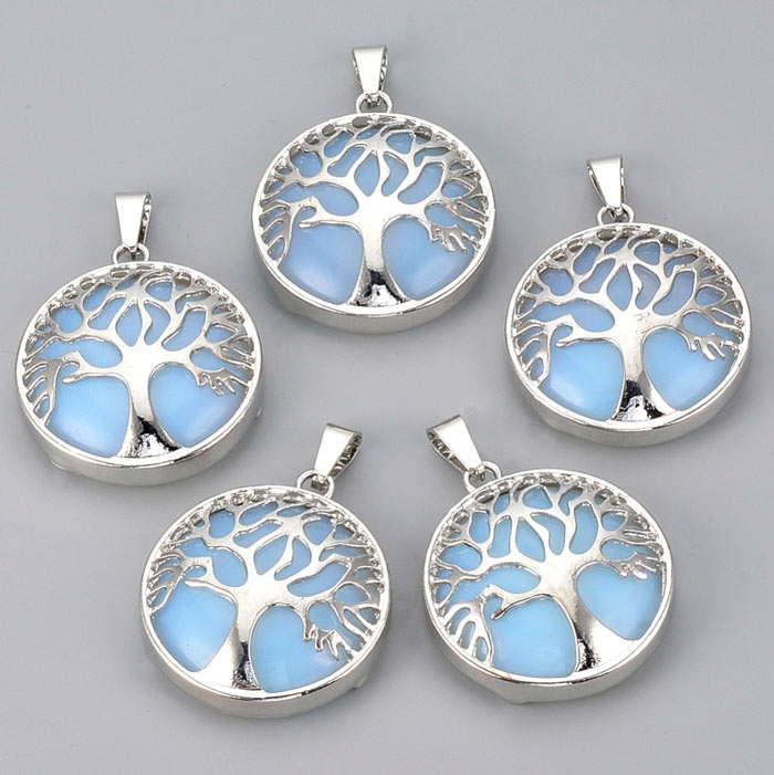 Silverplated pendant, opalite imitation, light blue, round with tree of life, 30.5x27x8mm, 1pc.