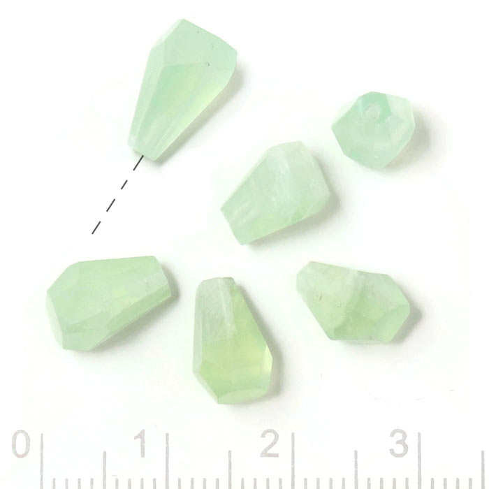 Prehnite, half-drilled, teardrop-shaped, uneven faceted, light green, appx. 9x6 mm, 2 pcs