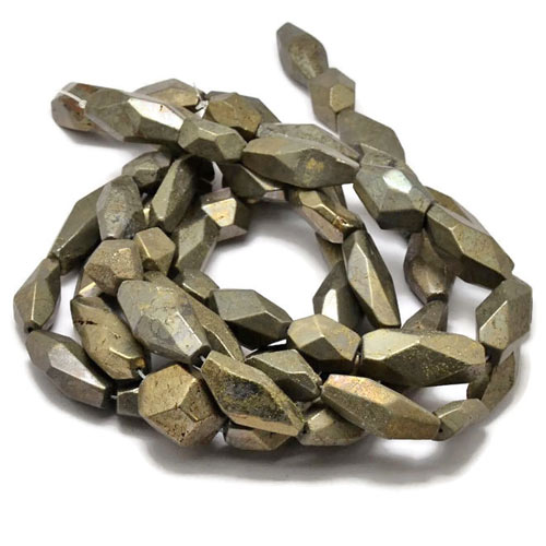 Pyrite stone beads, long unevenly facetted bead, 33x16x16mm, 2pcs