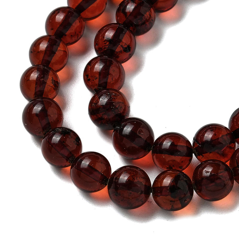 Amber, polished, brownish semitransparent, round bead, 6mm, 6pcs.