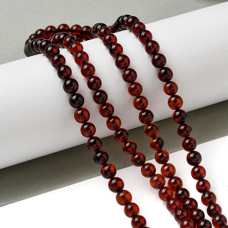 Amber, polished, brownish semitransparent, round bead, 6mm, 30pc.