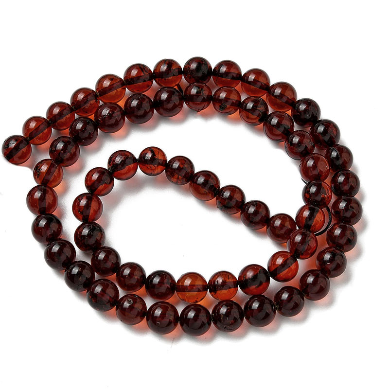 Amber, polished, brownish semitransparent, round bead, 6mm, 30pc.