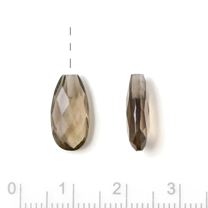Smokey quartz, long drop shape, flat, half-drilled, closely faceted, brown, 14x7x4mm, 1pc.