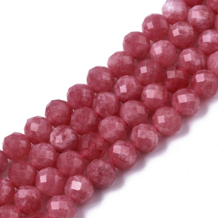 Quartz, round faceted bead, dark pink, about 6 mm, 10 pieces.