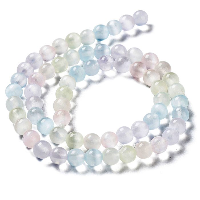 Selenite, dyed, whole bead strand, mix light pastel colors, round bead, 6 mm, approx. 63 pcs