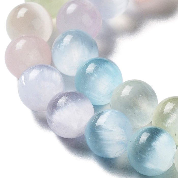 Selenite, dyed, whole bead strand, mix light pastel colors, round bead, 8 mm, approx. 48 pcs