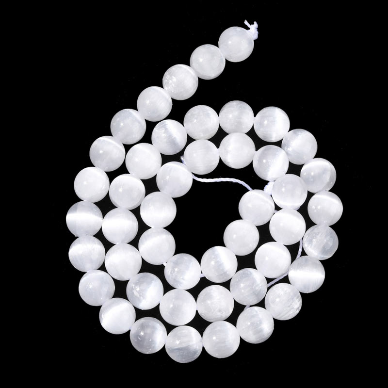 Selenite, whole pearl strand, white, round pearl, 8 mm, A-grade, appx. 48 pcs