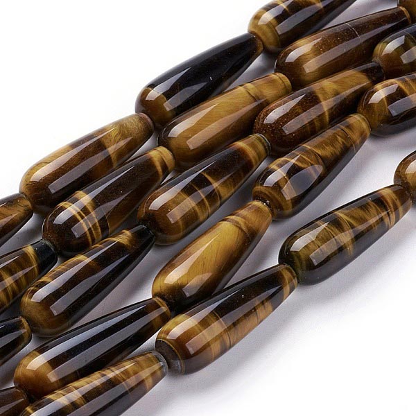 Tiger eye, long drop, yellow and brownish shimmering, 30x10mm, 2pcs.
