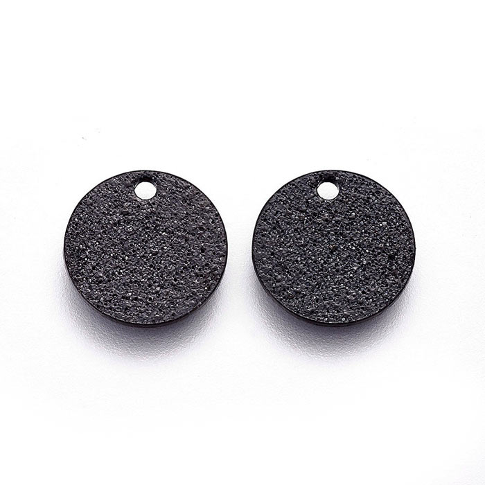 Steel coin, black, stardust surface, 10mm, with hole at the edge, 4pcs