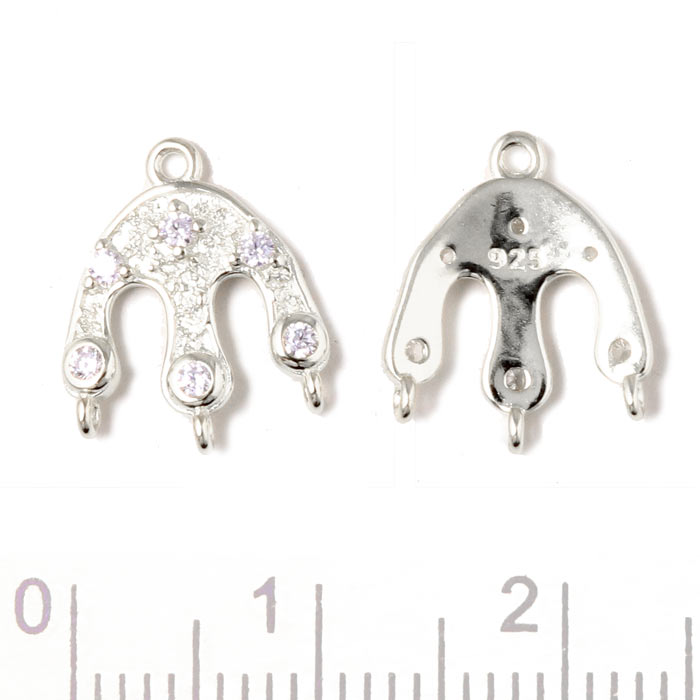 Three-fork link with 4 eyes and zircons, silver, 13,5x11 mm, 2pcs