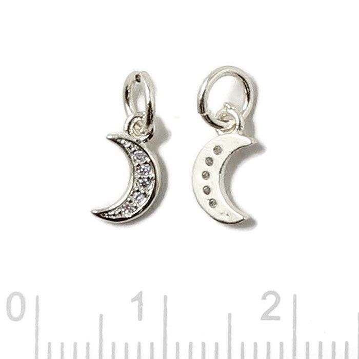Crescent moon with zircon and jump ring, stainless steel, 9x5x1mm, 2pcs
