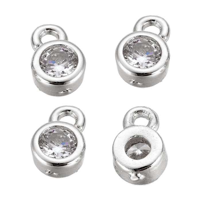 Small pendant with Cubic Zircon and loop, silver plated brass, 6x4x2mm, 4pcs