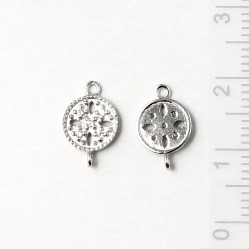 Connector with Cubic Zirkon, round with two eyes, Sterling silver, 12x8mm, 1pc.