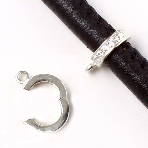 Clip with loop for attaching charms, self-closing, with crystals, silver, hole 6mm, 1pc