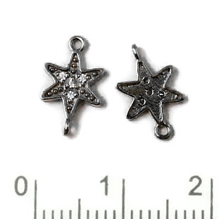 Connector, star with Zirkon, two eyes, black Sterling silver, 13x8mm, 1pc.