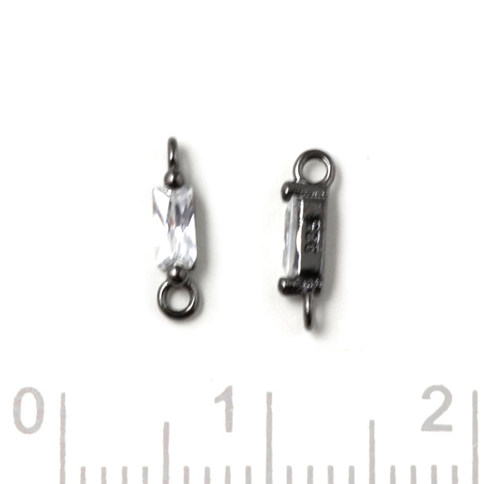 Small link with rectangular Zircon, and 2 loops, black silver, 9x2x2.5mm, 2pcs