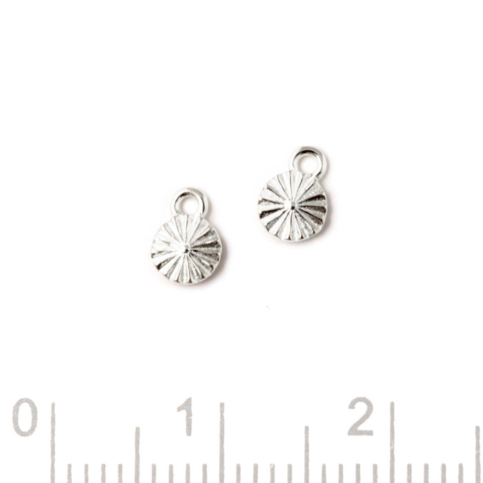 Charm, round with sun beam facets and loop, silver, 4x6x1mm, 2pc