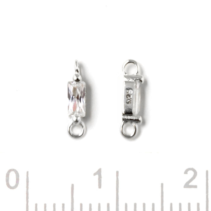 Small link with rectangular Zircon, and 2 loops, silver, 9x2x2.5mm, 2pcs