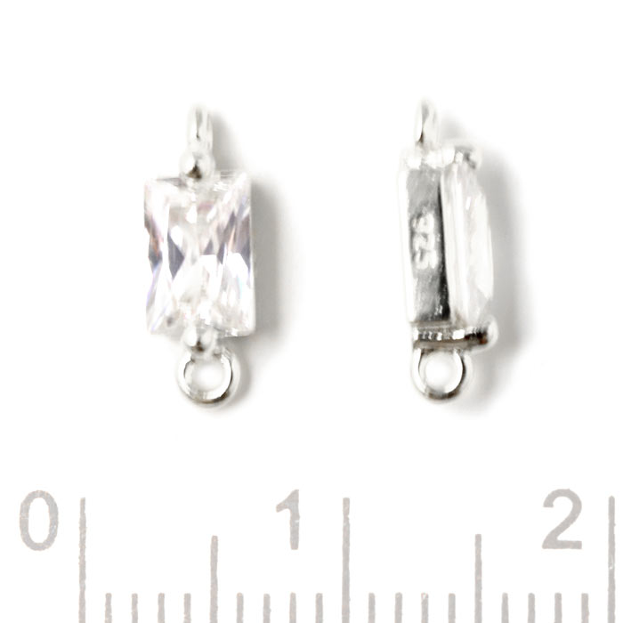 Small link with rectangular Zircon, and 2 loops, silver, 11,5x4x3mm, 2pcs