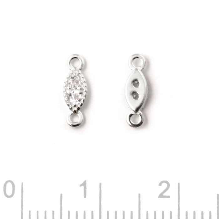 Connector with Cubic Zircon and two loops, oval, silver, 9.5x3x2mm, 2pcs