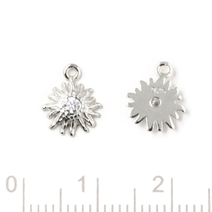 Pendant, flower with CZ in the center, 1 eyelet, silver, 10x8x2mm, 1 pc