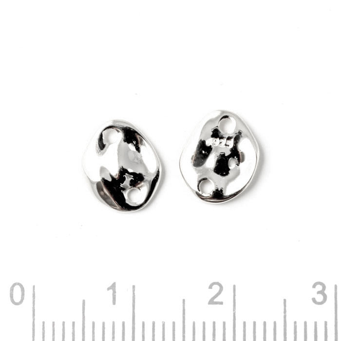 Connector link, uneven plate with two holes, shiny, silver, 2pcs