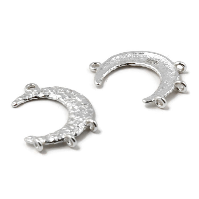 Link, crescent moon, hammered surface with 4 loops, silver, 19x13 mm, 2 pcs