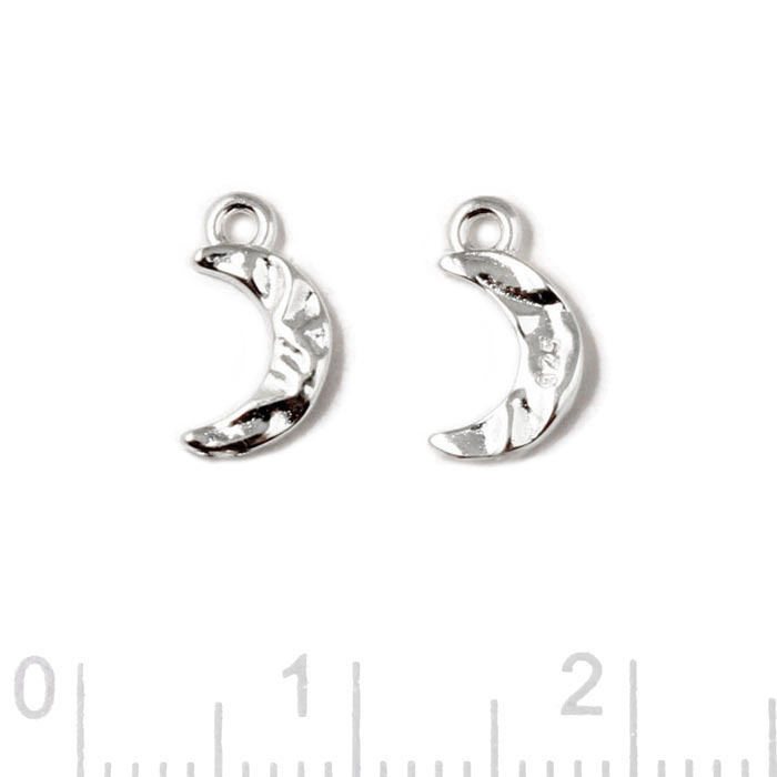 Pendant, crescent moon, uneven surface with loop, silver, 9,5x5 mm, 2 pcs