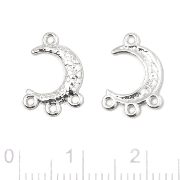 Pendant, crescent moon, hammered surface with 4 loops, silver, 14x8.5 mm, 2 pcs
