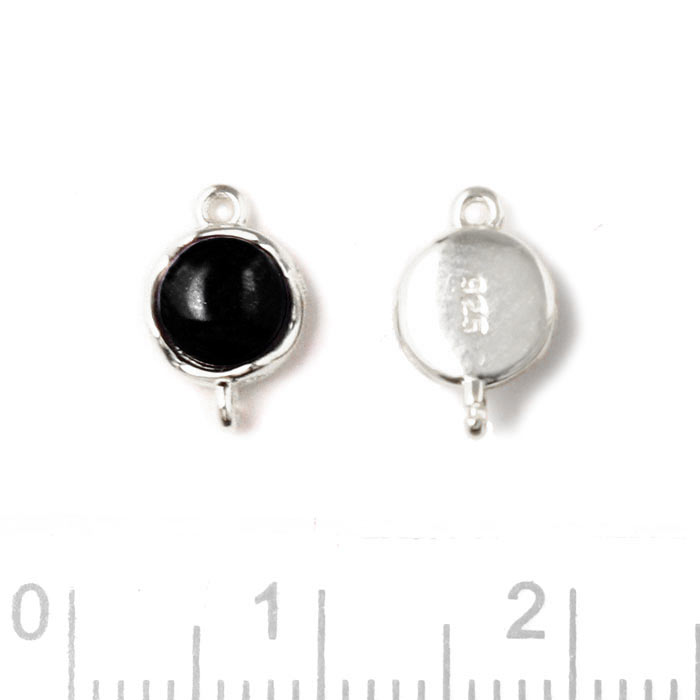 Link with black onyx cabochon, round, silver, 10x6.5mm, 1pc