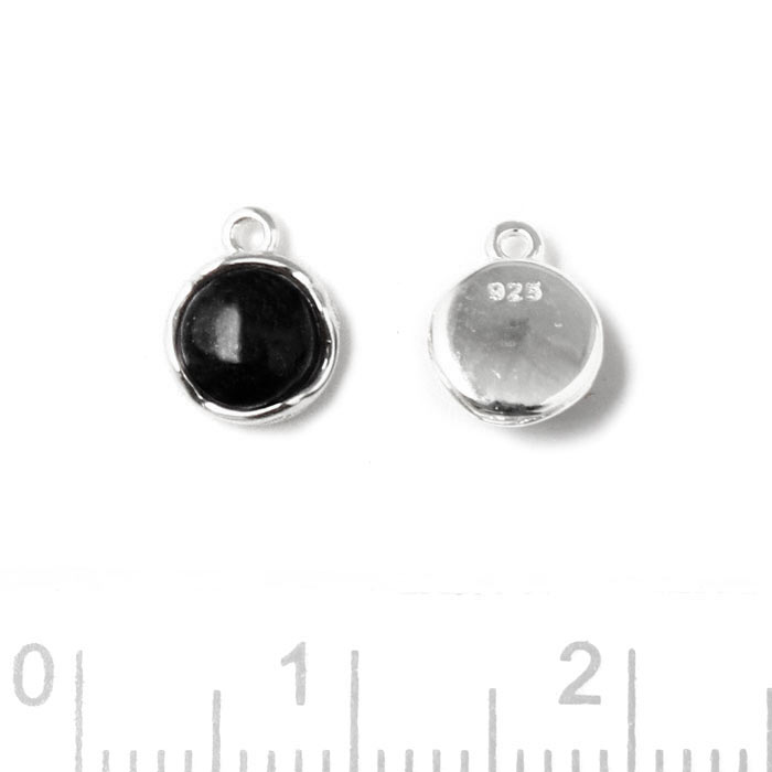 Pendant with black onyx, cabochon, round, plated silver, 8x6.5mm, 1pc