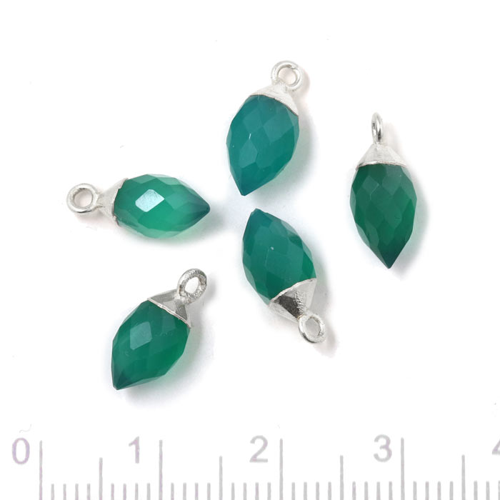 Pendant, drop with loop, green onyx, silver, 14x6 mm, 1 pc