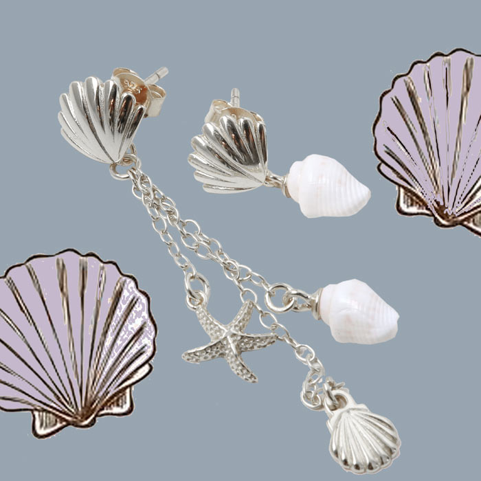 Ear stud, sea shell with open loop, silver, 10x9.5 mm, 2 pcs