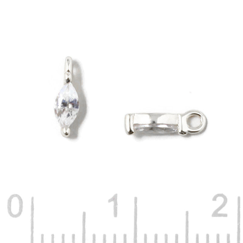 Pendant, oval zirconia with loop, clear, silver, 7x2x2.5mm, 2pcs