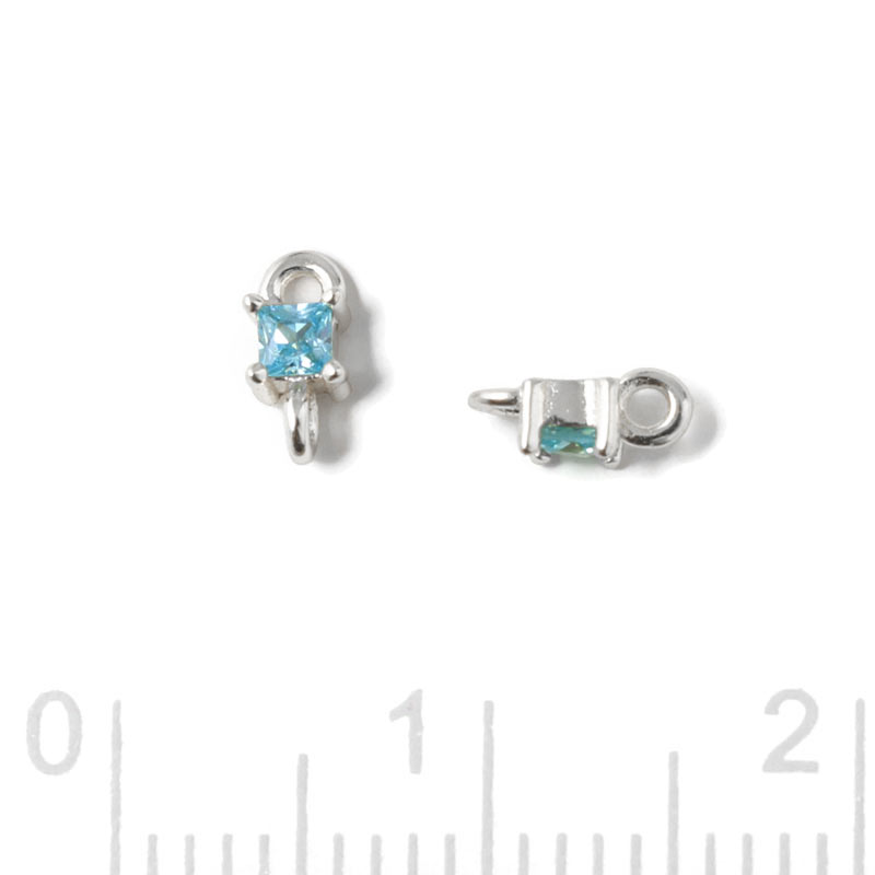 Small link, square shape zirconia with 2 loops, Topaz, silver, 6x3x2.5mm, 2pcs