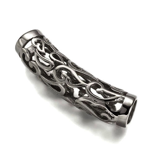 Tube bead, long, steel, ornamented, 43x11mm, hole size 8mm, 1pc.