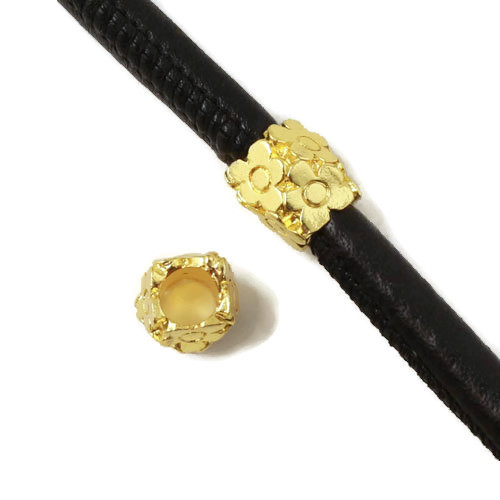 Tube bead w. flower pattern, gilded, 10x9mm, with 5mm hole, 1pc.