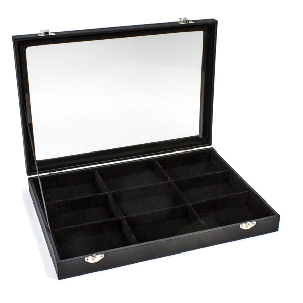 Display box with lid and 9 black compartments, black velour, 1pc