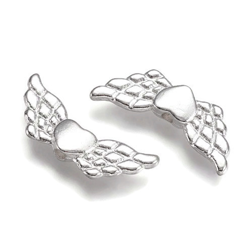 Silver coloured bead, heart with angel wings, 22x9mm, 10pcs
