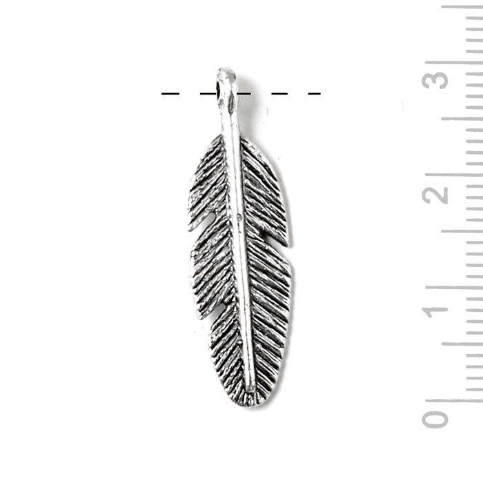 Antique silver colored, pendant, metal, feather with eye, 30x10x2mm, 2pcs