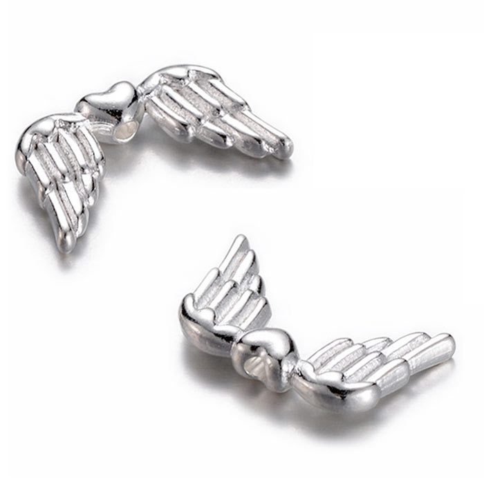 Silver coloured bead, heart with angel wings, metal alloy, 18,5x11mm, 10pcs.