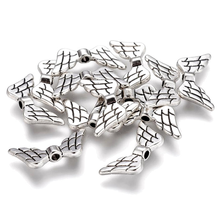  antique silver coloured bead, tube with classic wings, metal alloy, 19.5x9mm, 10pcs.