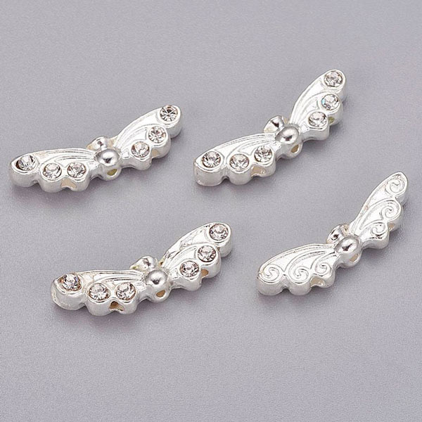 Angel wings with crystals, silver plated alloy, 21x6x4mm, 10pcs.