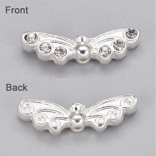 Angel wings with crystals, silver plated alloy, 21x6x4mm, 10pcs.