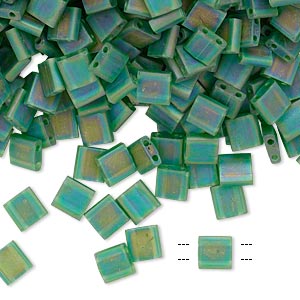 Tila bead, opaque, matte, rainbow shimmer, forest green, 5x5mm.