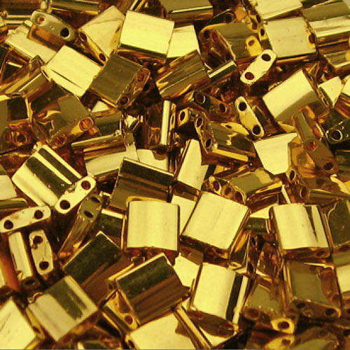 Tila bead, square, opaque, 24ct gold-plated, 5x5mm, 3.3g, approx. 38pcs.
