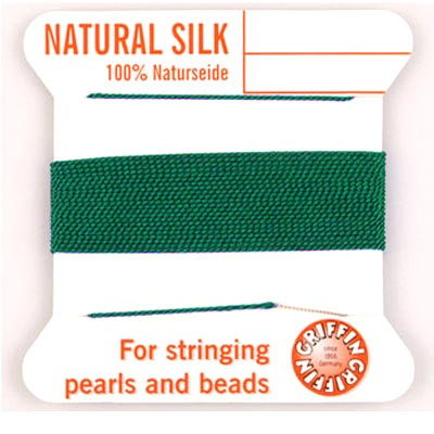 Silk beading thread, dark green, for pearl necklaces, 0.7mm, 2m