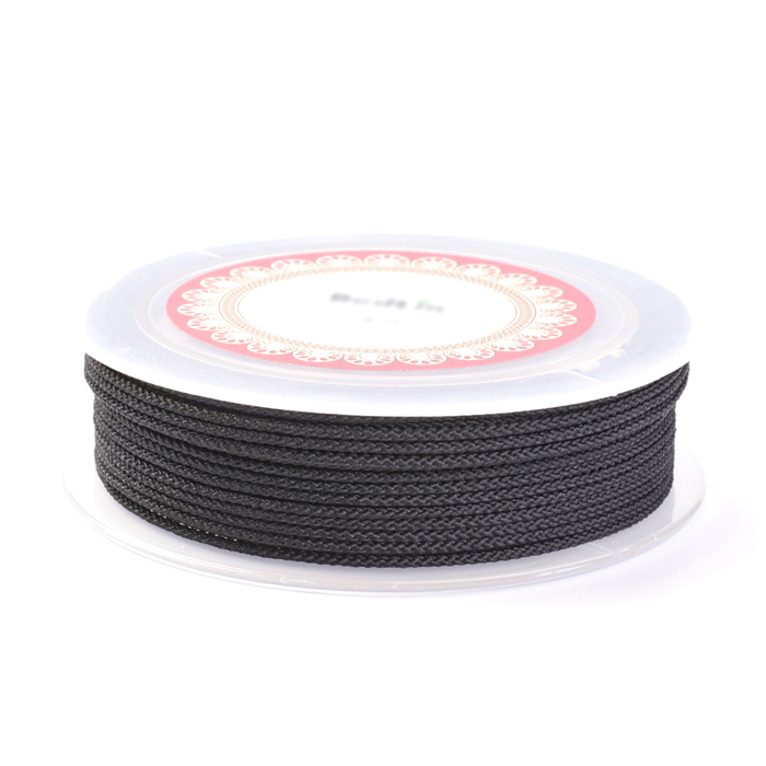 Nylon cord, braided, shiny Black, round stiff quality 1mm, 20m.