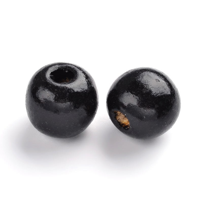 Wooden bead, black, shiny, round 14x13mm, 6pcs